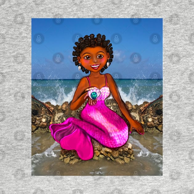Mermaid Anime mermaid holding a rare black pearl,Afro hair in Bantu knots  and caramel brown skin - light background by Artonmytee